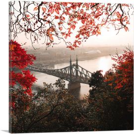 Liberty Bridge through Red Autumn Leaves Budapest Hungary Square-1-Panel-36x36x1.5 Thick