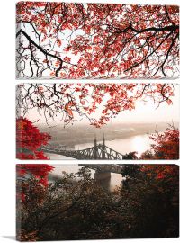 Liberty Bridge through Red Autumn Leaves Budapest Hungary-3-Panels-90x60x1.5 Thick