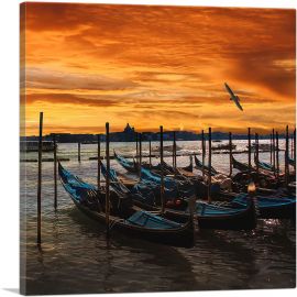 Gondolas Under an Amber Sunset Venice Italy Square-1-Panel-18x18x1.5 Thick