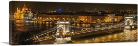 Budapest Capital of Hungary Chain Bridge and Parliament Night View Panoramic-1-Panel-36x12x1.5 Thick