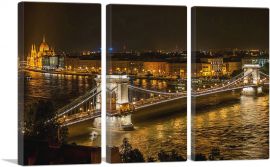 Budapest Capital of Hungary Chain Bridge and Parliament Night View-3-Panels-60x40x1.5 Thick