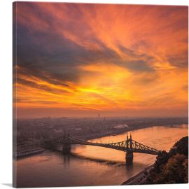 Budapest Orange Sunset Chain Bridge Square-1-Panel-26x26x.75 Thick
