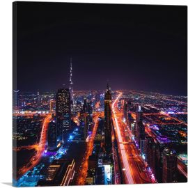 Dubai United Arab Emirates Night View Square-1-Panel-18x18x1.5 Thick