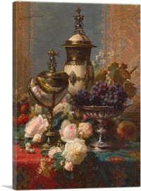 Still Life With Roses Grapes Silver Inlaid Nautilus Shell