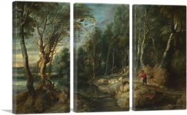 A Shepherd with His Flock in a Woody Landscape 1615-3-Panels-60x40x1.5 Thick