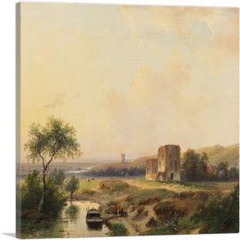 River Landscape Near Haarlem Windmill Ruins Of Brederode 1839-1-Panel-18x18x1.5 Thick