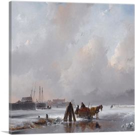 A Horse-Drawn Sledge Near a Frozen Harbour-1-Panel-18x18x1.5 Thick