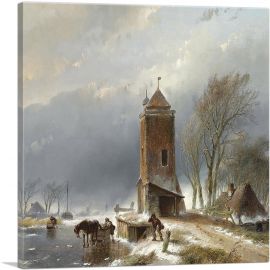 A View Of a Frozen Canal With Figures Horse Drawn Sledge 1853-1-Panel-12x12x1.5 Thick