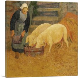 A Young Girl Feeding Two Pigs-1-Panel-12x12x1.5 Thick
