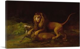 A Lion Attacking a Stag-1-Panel-26x18x1.5 Thick