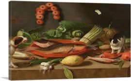 Still Life Carp Terracotta Dish Oysters Asparagus Cabbage Onions Dog Cat
