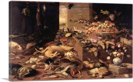 Still Life Interior With Game Fish Fruit Flowers Cats And Dogs 1645-1-Panel-12x8x.75 Thick