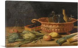 Still Life Of Fruit Vegetables A Copper Pot And Other Objects On a Table
