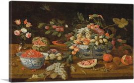 Still Life With Fruits Porcelain Bowls Vase Of Flowers Two Squirrels Eating Nuts
