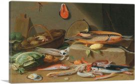 A Kitchen Still Life With Fish Vegetables And a Cat