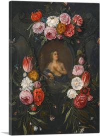 Saint Mary Magdalene In Stone Cartouche Surrounded By Garland Of Flowers-1-Panel-18x12x1.5 Thick