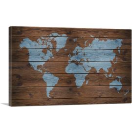 Rustic Dark Brown Printed Wood Baby Blue World Map