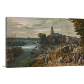 A Busy Townscape With Numerous Figures Arriving By Ferry Boat