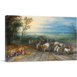 Panoramic Landscape Travellers Horses Carts Cattle On Sandy Road