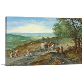 Panoramic Landscape With Covered Wagon Travelers On Highway