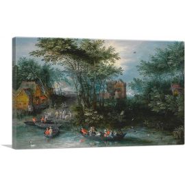 A Wooded Landscape With Peasants Crossing The River