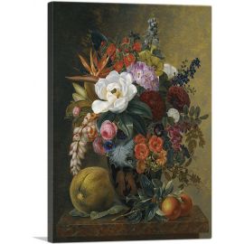 Exotic Blooms In Grecian Krater Fruit On a Marble Ledge 1838