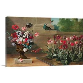 Vase Of Flowers With a Bed Of Tulips a Parrot And Moths 1744