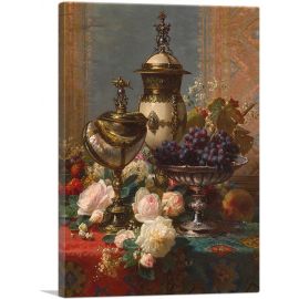 Still Life With Roses Grapes Silver Inlaid Nautilus Shell