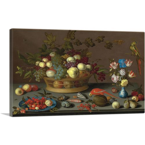 Flowers in Vase, Fruit and Red Parrot