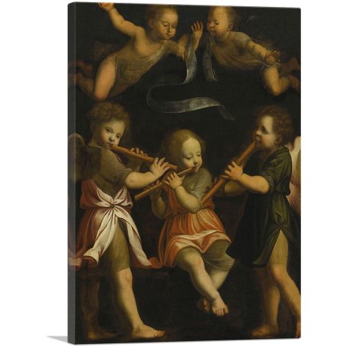 Three Flute Playing Angels With Two Putti Flight Above