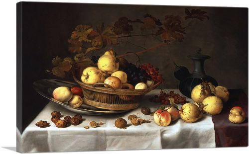 A basket With Fruit, a Silver Plate With Peaches and Pears