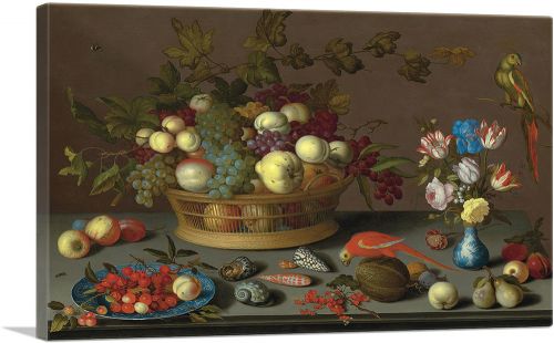 Flowers in Vase, Fruit and Red Parrot