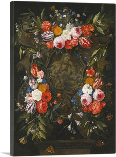 A Garland Of Flowers Around Stone Cartouche Depicting Virgin And Child Saint John