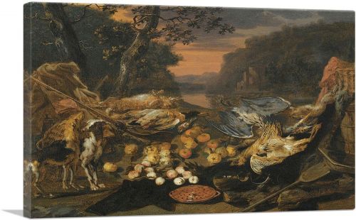 A Still Life With Game Hunting Gear And Two Dogs