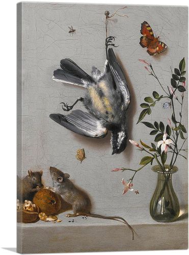 Still Life Songbird Butterflies Mice Eating Walnuts Flowers Vase On Stone Ledge