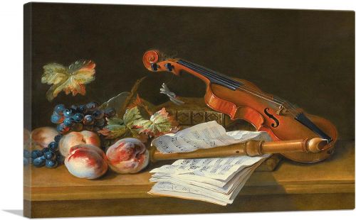 Still Life Violin Recorder Books Portfolio Sheet Of Music Peaches Grapes On Table Top