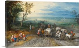 Panoramic Landscape Travellers Horses Carts Cattle On Sandy Road