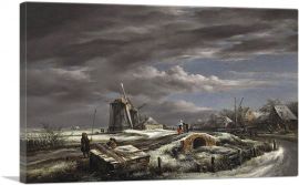 Winter Landscape With Figures On Path A Footbridge Windmills