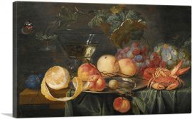 Still Life Peaches Plums Grapes Lemon Crab Lobster Glass Roemer On Table