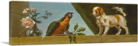 Parrot Dog On Stone Ledge Alongside a Vase Of Flowers a Green Curtain