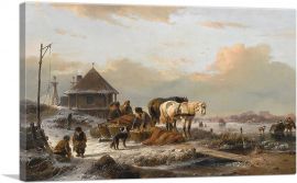 A Winter Landscape With Figures Loading a Horse Sleigh